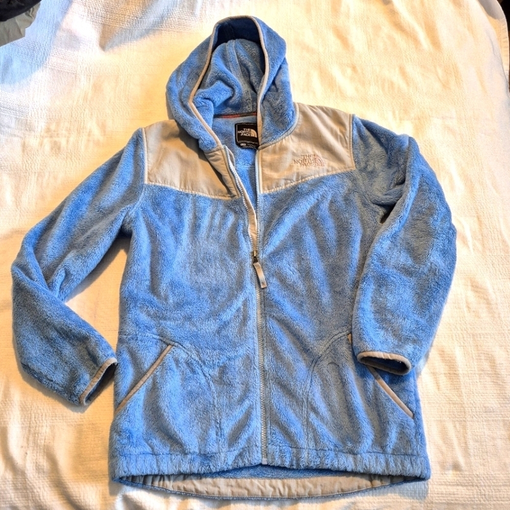 North Face girls XL Blue & gray fuzzy full zip up sweater, GUC name on inside